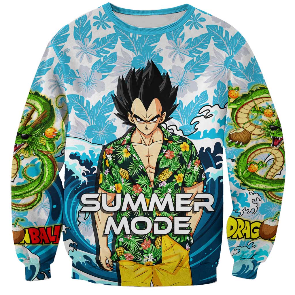 Vegeta Dragon Ball Summer Theme Sweatshirt with Hawaiian Shirt Sunglasses Shenron and Ocean Wave Background - The Mazicc