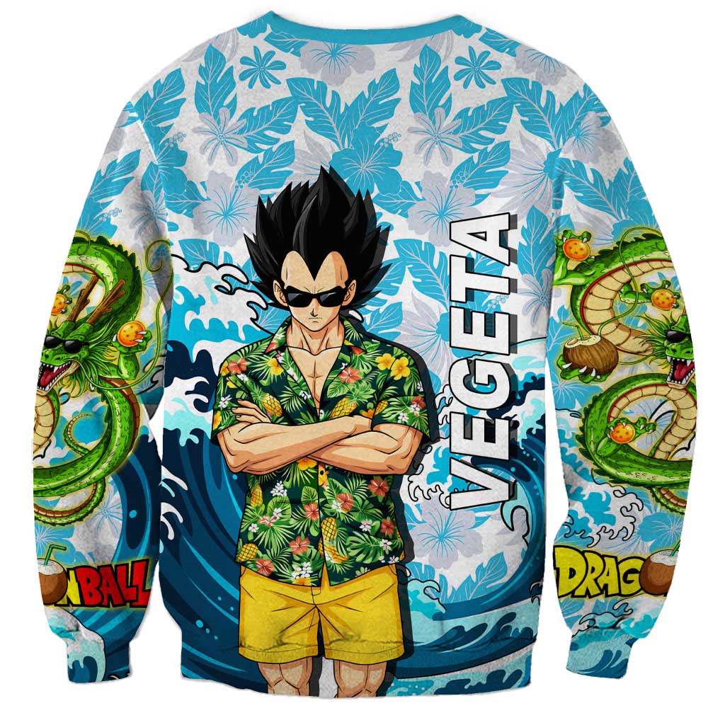 Vegeta Dragon Ball Summer Theme Sweatshirt with Hawaiian Shirt Sunglasses Shenron and Ocean Wave Background - The Mazicc