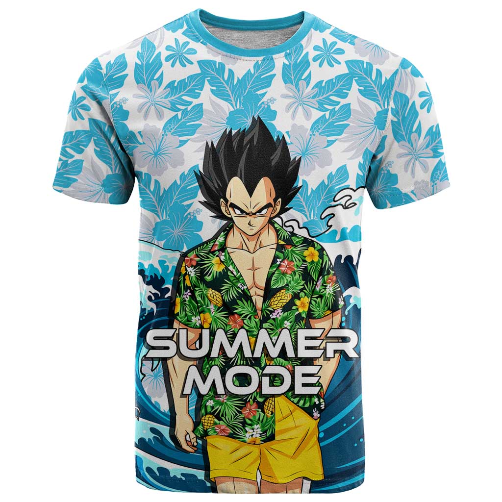 Vegeta Dragon Ball Summer Theme T Shirt with Hawaiian Shirt Sunglasses Shenron and Ocean Wave Background - The Mazicc