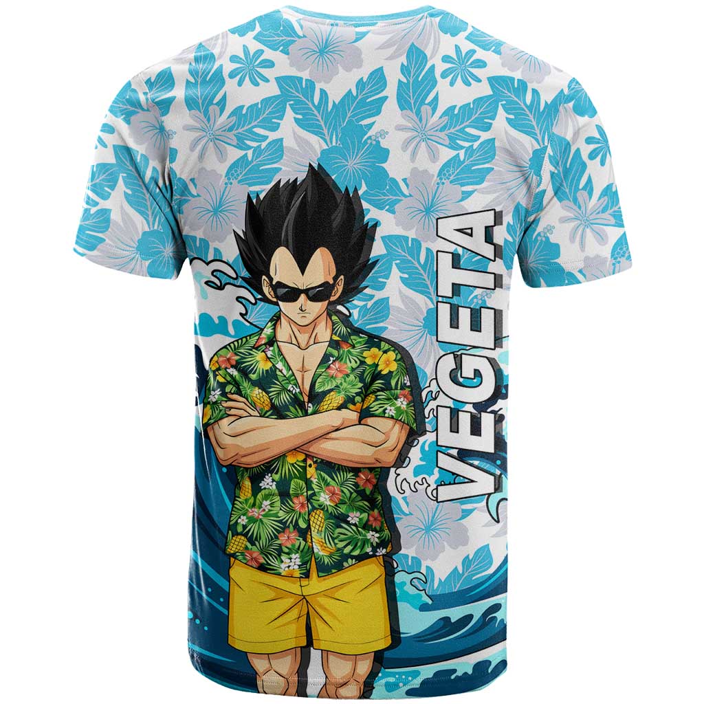 Vegeta Dragon Ball Summer Theme T Shirt with Hawaiian Shirt Sunglasses Shenron and Ocean Wave Background - The Mazicc