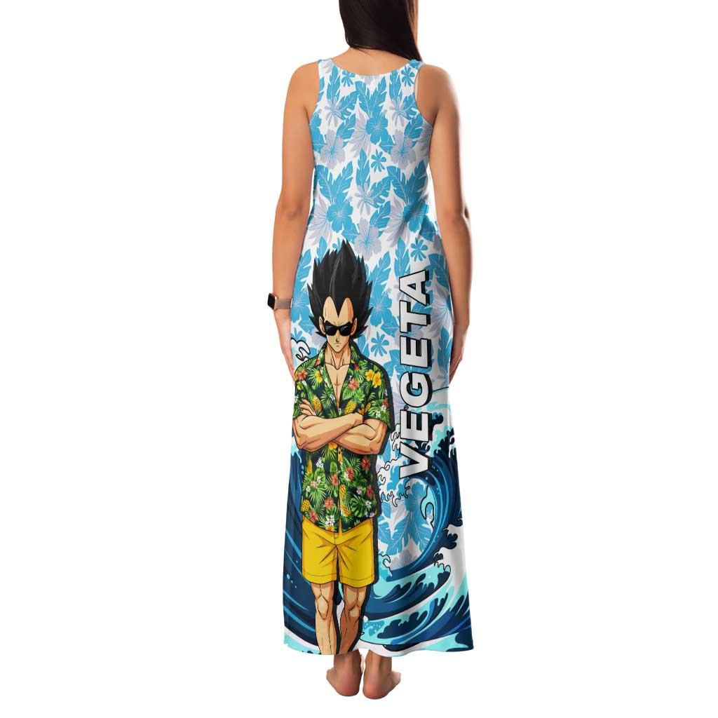 Vegeta Dragon Ball Summer Theme Tank Maxi Dress with Hawaiian Shirt Sunglasses Shenron and Ocean Wave Background - The Mazicc