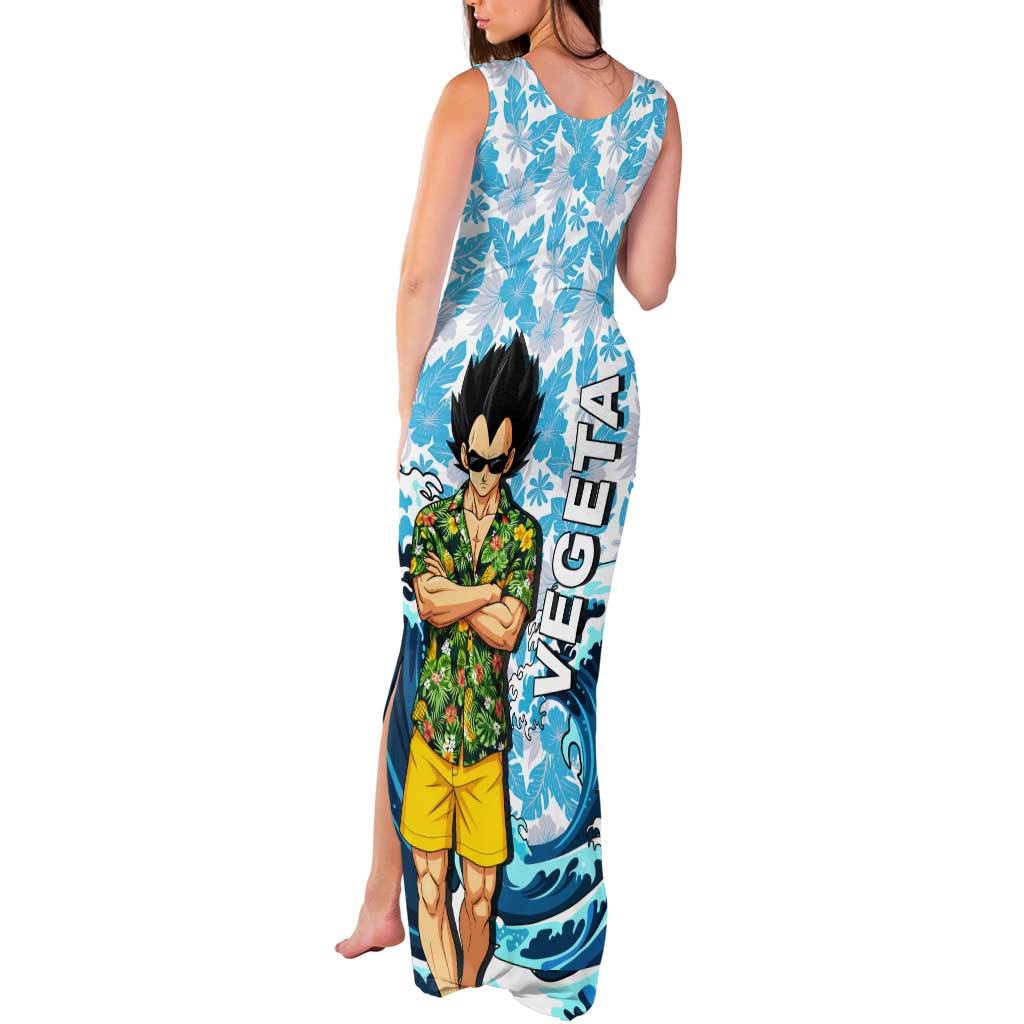 Vegeta Dragon Ball Summer Theme Tank Maxi Dress with Hawaiian Shirt Sunglasses Shenron and Ocean Wave Background - The Mazicc