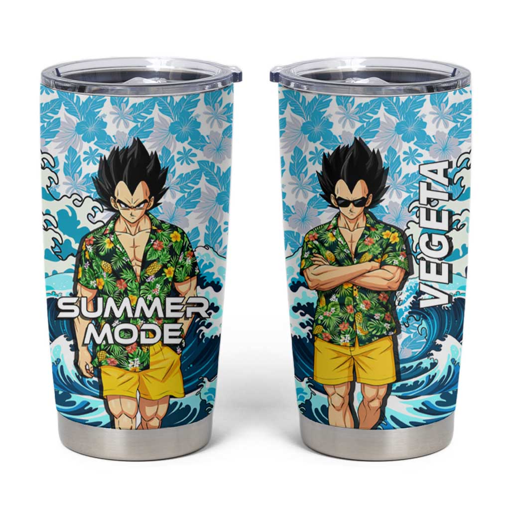 Vegeta Dragon Ball Summer Theme Tumbler Cup with Hawaiian Shirt Sunglasses Shenron and Ocean Wave Background - The Mazicc