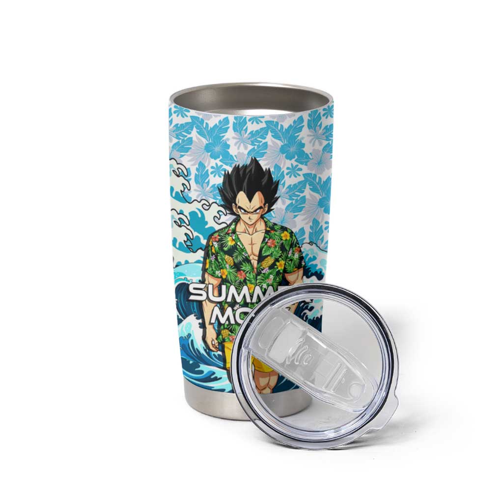 Vegeta Dragon Ball Summer Theme Tumbler Cup with Hawaiian Shirt Sunglasses Shenron and Ocean Wave Background - The Mazicc