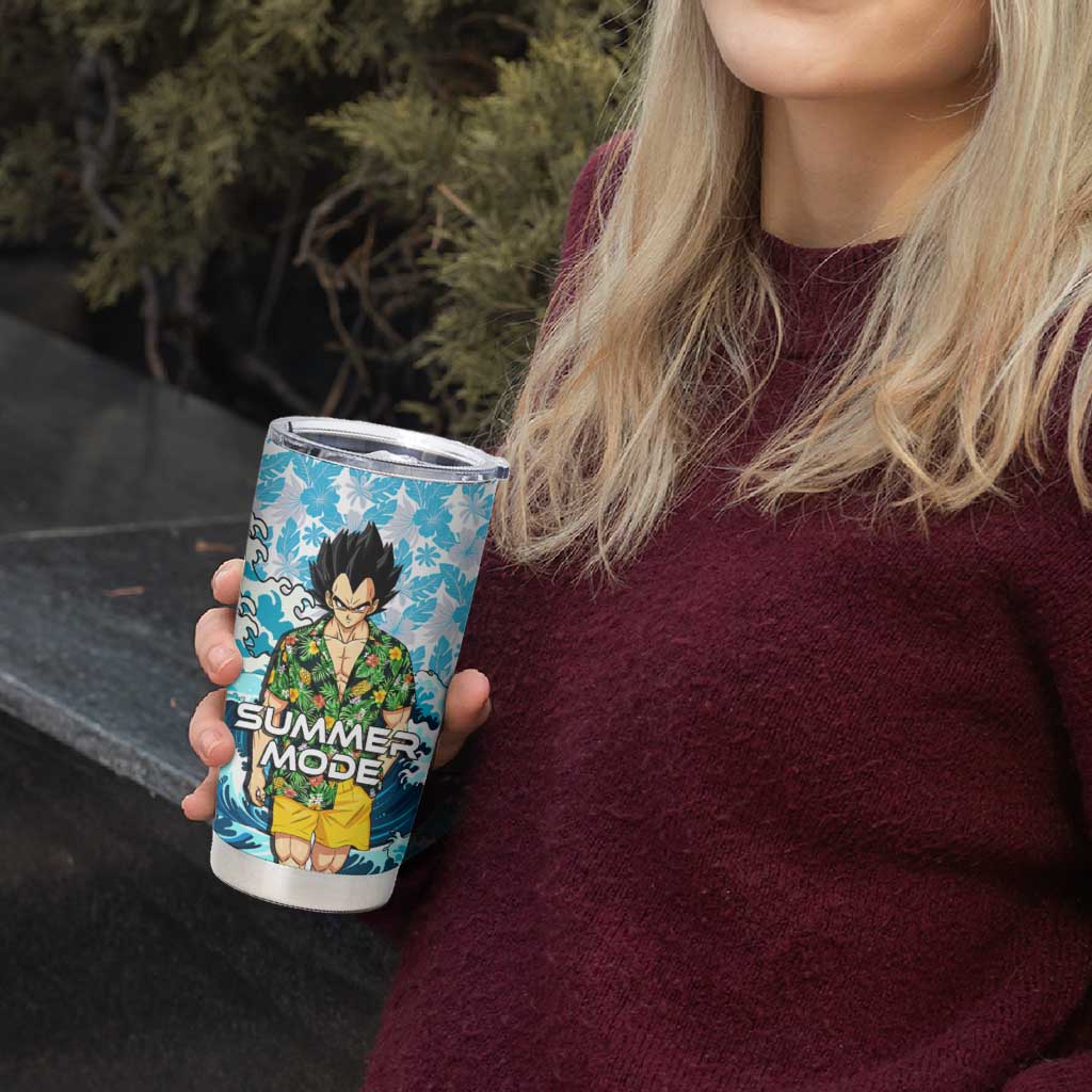 Vegeta Dragon Ball Summer Theme Tumbler Cup with Hawaiian Shirt Sunglasses Shenron and Ocean Wave Background - The Mazicc