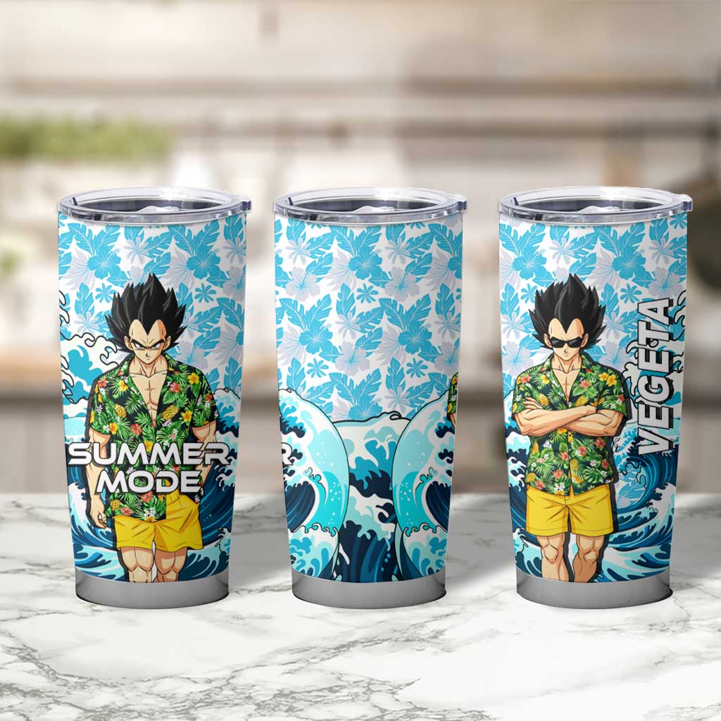 Vegeta Dragon Ball Summer Theme Tumbler Cup with Hawaiian Shirt Sunglasses Shenron and Ocean Wave Background - The Mazicc