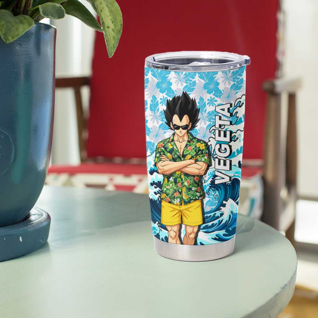 Vegeta Dragon Ball Summer Theme Tumbler Cup with Hawaiian Shirt Sunglasses Shenron and Ocean Wave Background - The Mazicc
