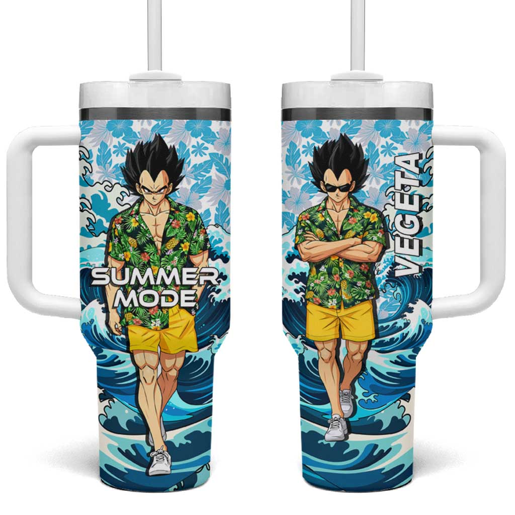 Vegeta Dragon Ball Summer Theme Tumbler With Handle with Hawaiian Shirt Sunglasses Shenron and Ocean Wave Background - The Mazicc