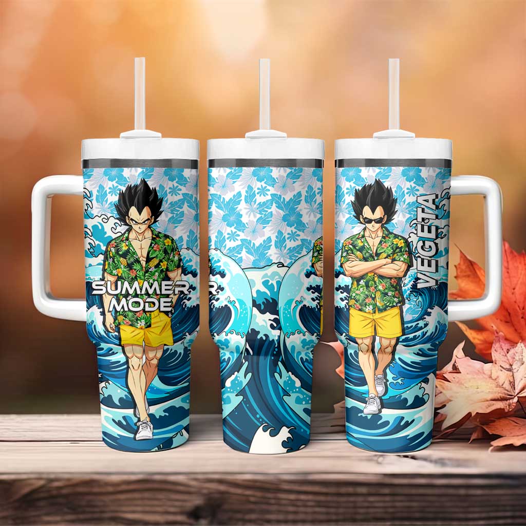 Vegeta Dragon Ball Summer Theme Tumbler With Handle with Hawaiian Shirt Sunglasses Shenron and Ocean Wave Background - The Mazicc