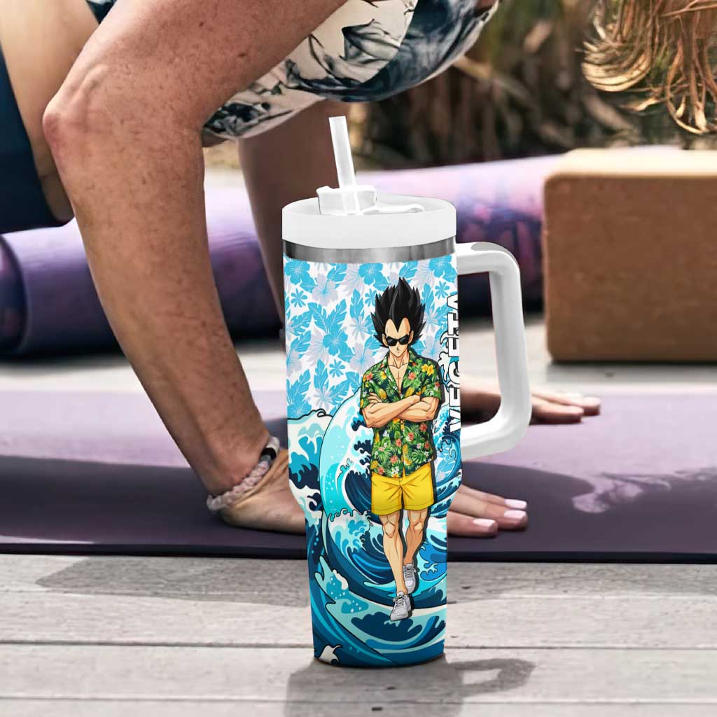 Vegeta Dragon Ball Summer Theme Tumbler With Handle with Hawaiian Shirt Sunglasses Shenron and Ocean Wave Background - The Mazicc