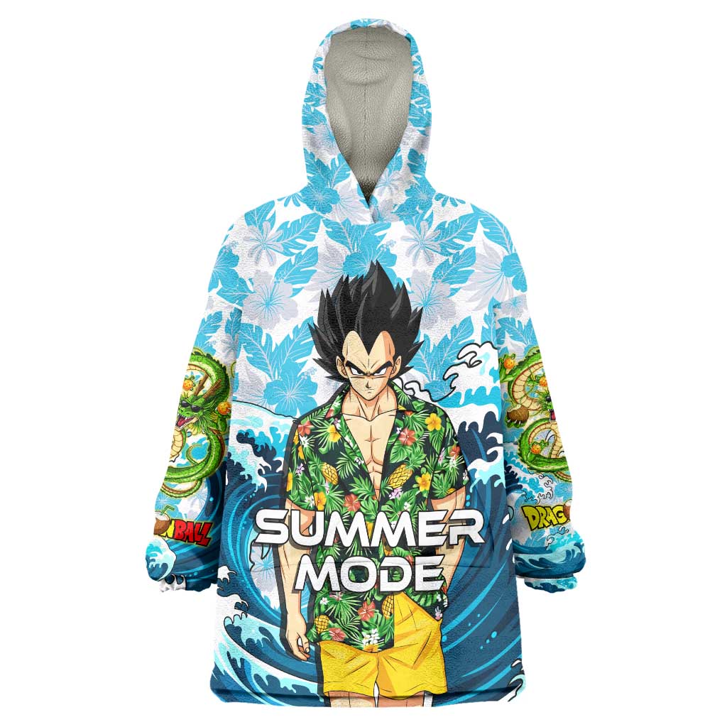Vegeta Dragon Ball Summer Theme Wearable Blanket Hoodie with Hawaiian Shirt Sunglasses Shenron and Ocean Wave Background - The Mazicc