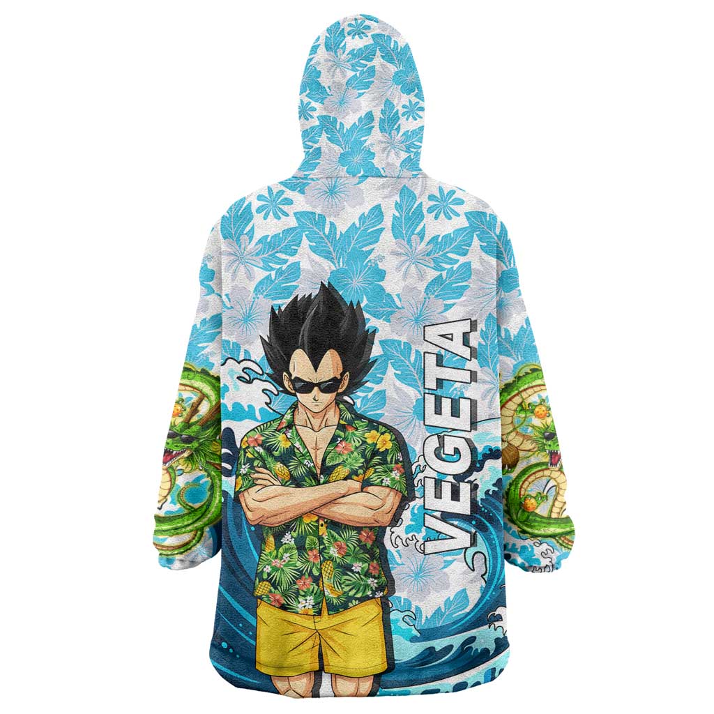 Vegeta Dragon Ball Summer Theme Wearable Blanket Hoodie with Hawaiian Shirt Sunglasses Shenron and Ocean Wave Background - The Mazicc