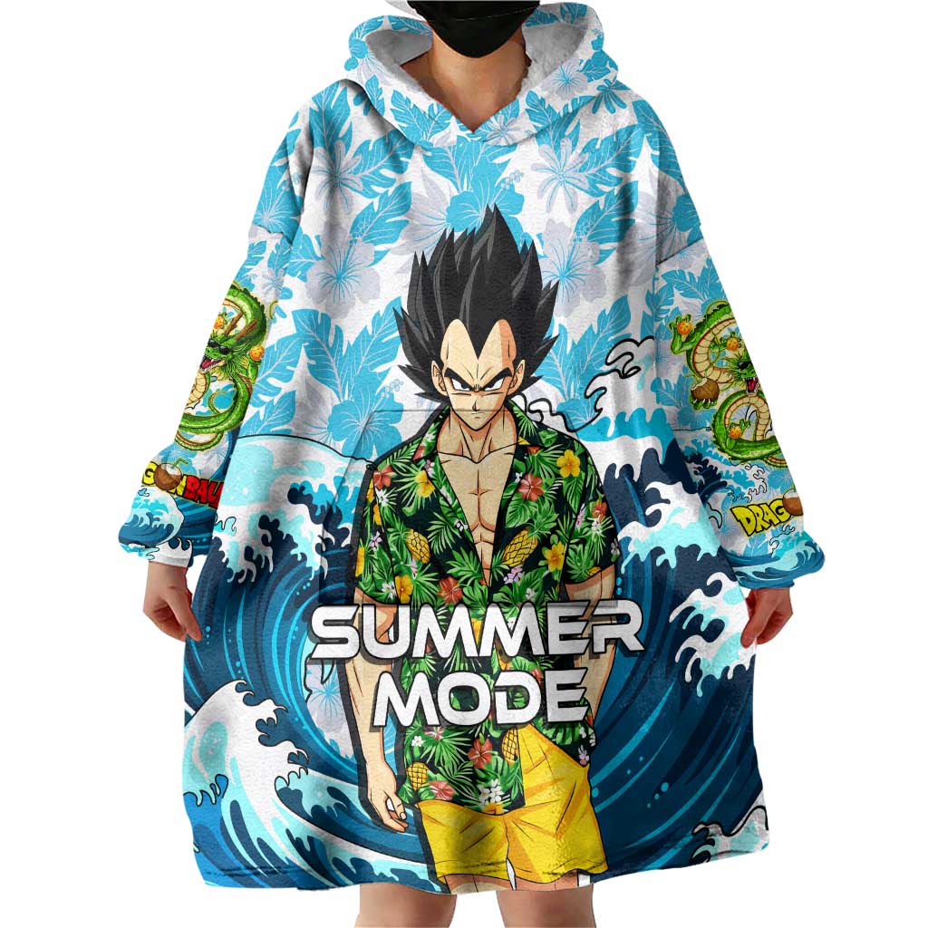 Vegeta Dragon Ball Summer Theme Wearable Blanket Hoodie with Hawaiian Shirt Sunglasses Shenron and Ocean Wave Background - The Mazicc