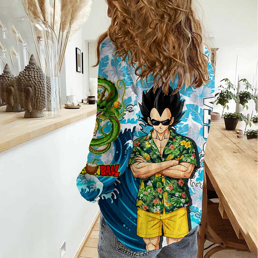 Vegeta Dragon Ball Summer Theme Women Casual Shirt with Hawaiian Shirt Sunglasses Shenron and Ocean Wave Background - The Mazicc