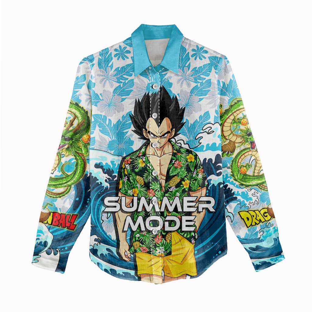 Vegeta Dragon Ball Summer Theme Women Casual Shirt with Hawaiian Shirt Sunglasses Shenron and Ocean Wave Background - The Mazicc