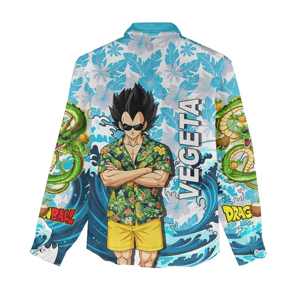 Vegeta Dragon Ball Summer Theme Women Casual Shirt with Hawaiian Shirt Sunglasses Shenron and Ocean Wave Background - The Mazicc