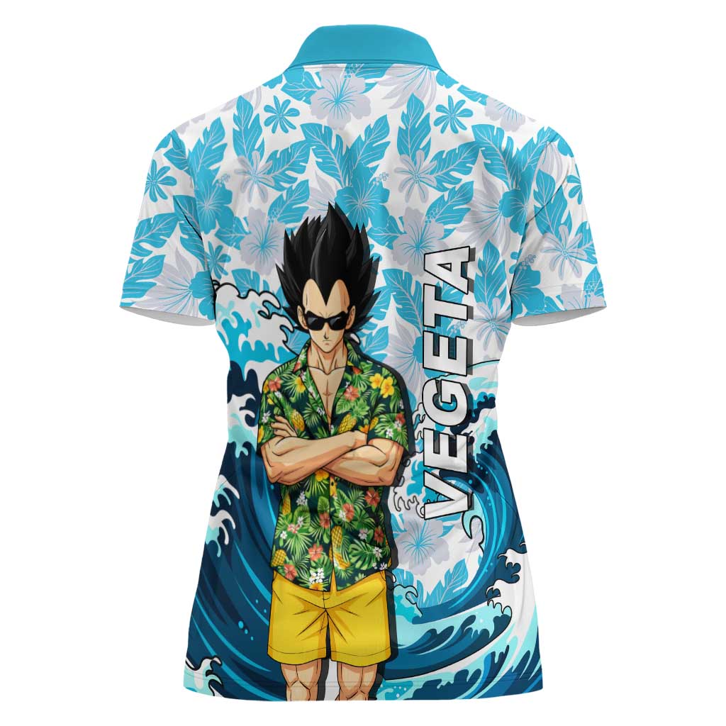 Vegeta Dragon Ball Summer Theme Women Polo Shirt with Hawaiian Shirt Sunglasses Shenron and Ocean Wave Background - The Mazicc