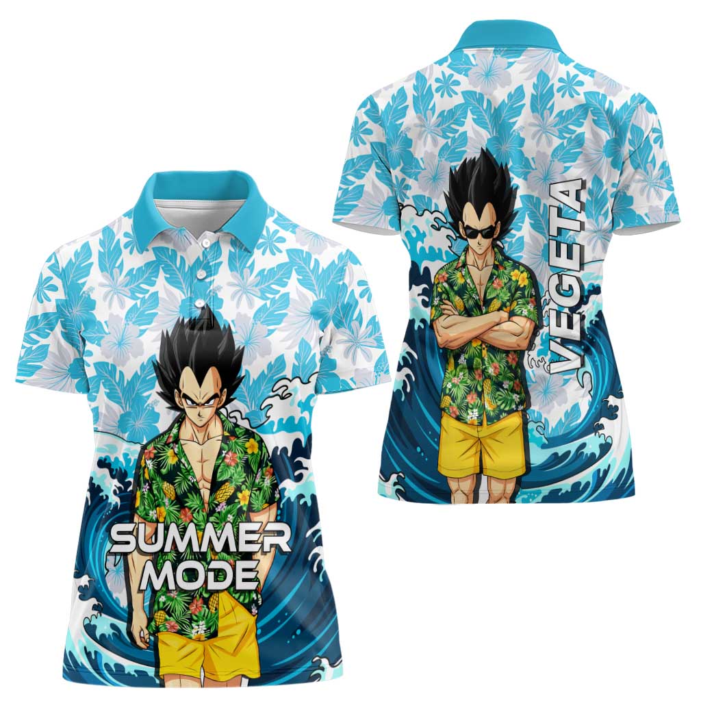 Vegeta Dragon Ball Summer Theme Women Polo Shirt with Hawaiian Shirt Sunglasses Shenron and Ocean Wave Background - The Mazicc