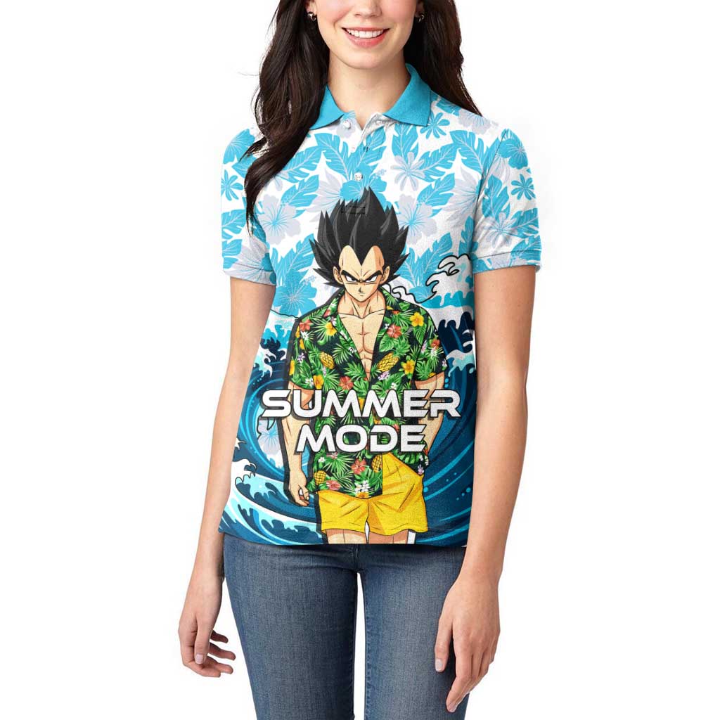 Vegeta Dragon Ball Summer Theme Women Polo Shirt with Hawaiian Shirt Sunglasses Shenron and Ocean Wave Background - The Mazicc