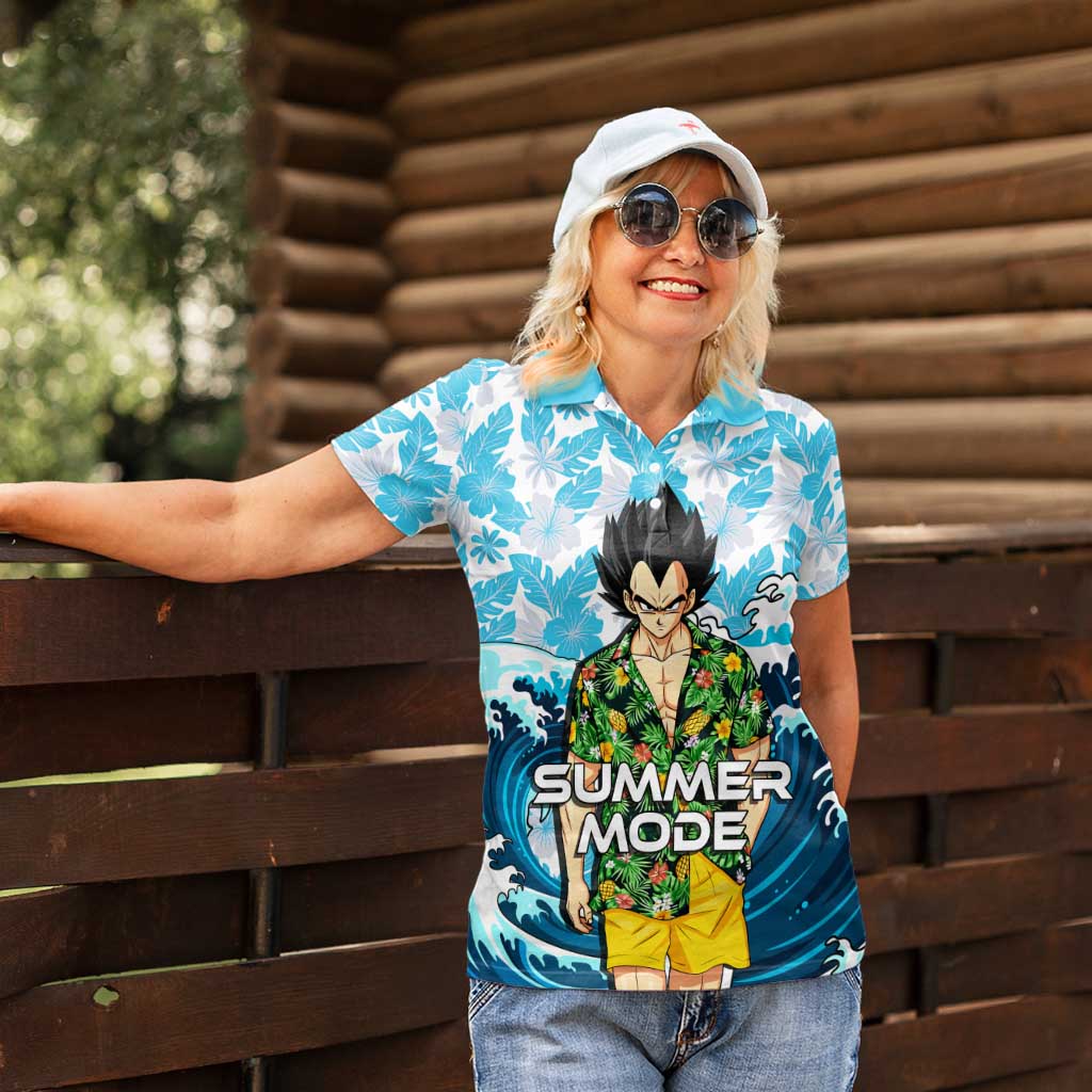 Vegeta Dragon Ball Summer Theme Women Polo Shirt with Hawaiian Shirt Sunglasses Shenron and Ocean Wave Background - The Mazicc