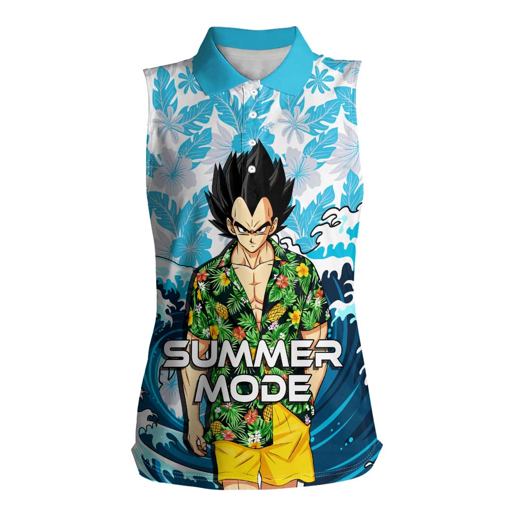 Vegeta Dragon Ball Summer Theme Women Sleeveless Polo Shirt with Hawaiian Shirt Sunglasses Shenron and Ocean Wave Background - The Mazicc