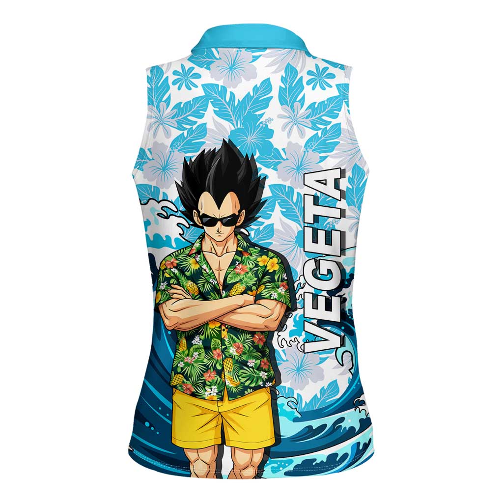 Vegeta Dragon Ball Summer Theme Women Sleeveless Polo Shirt with Hawaiian Shirt Sunglasses Shenron and Ocean Wave Background - The Mazicc