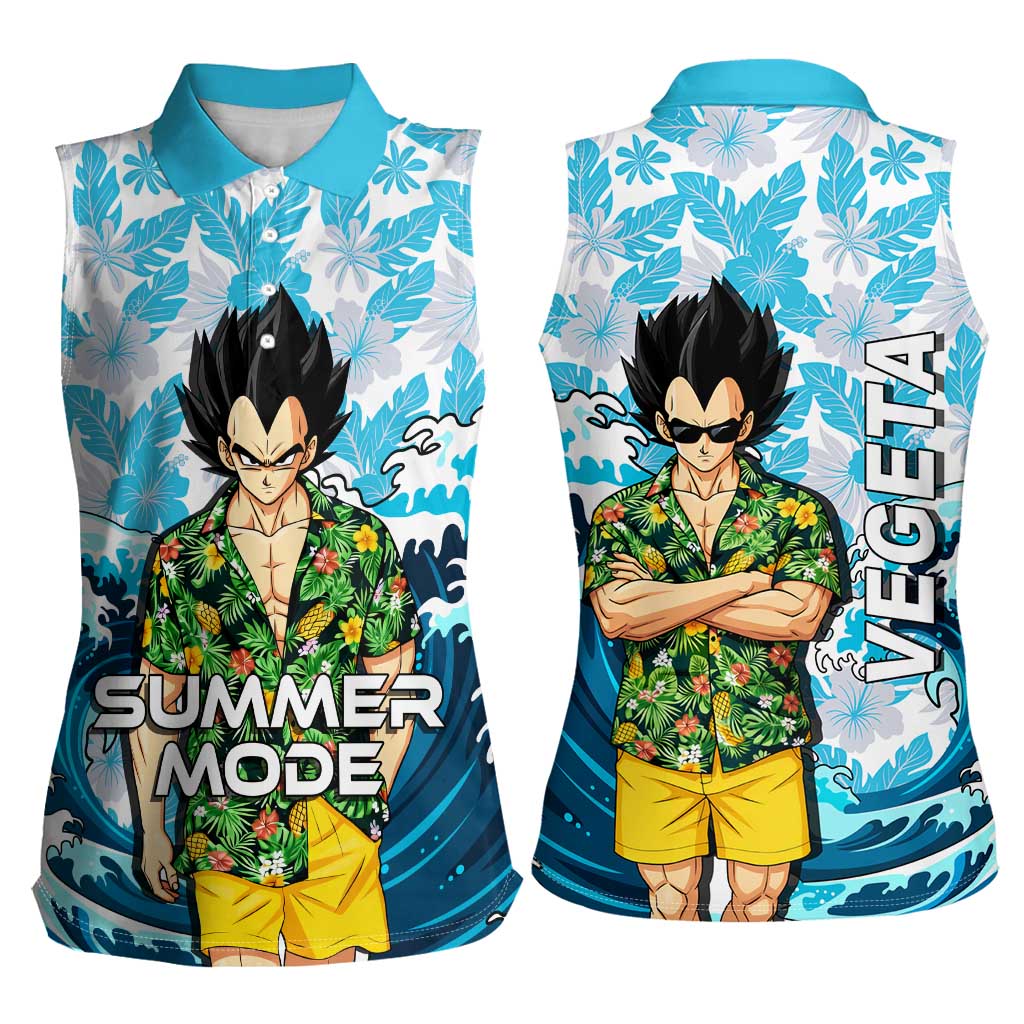 Vegeta Dragon Ball Summer Theme Women Sleeveless Polo Shirt with Hawaiian Shirt Sunglasses Shenron and Ocean Wave Background - The Mazicc