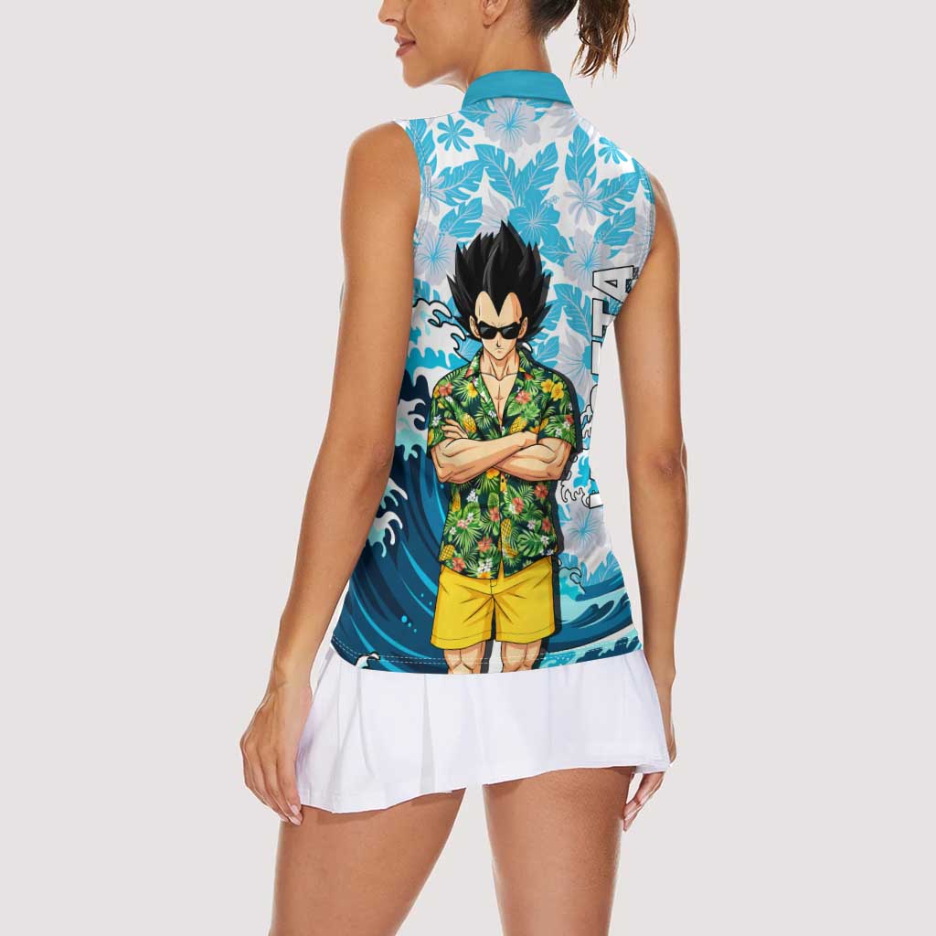 Vegeta Dragon Ball Summer Theme Women Sleeveless Polo Shirt with Hawaiian Shirt Sunglasses Shenron and Ocean Wave Background - The Mazicc