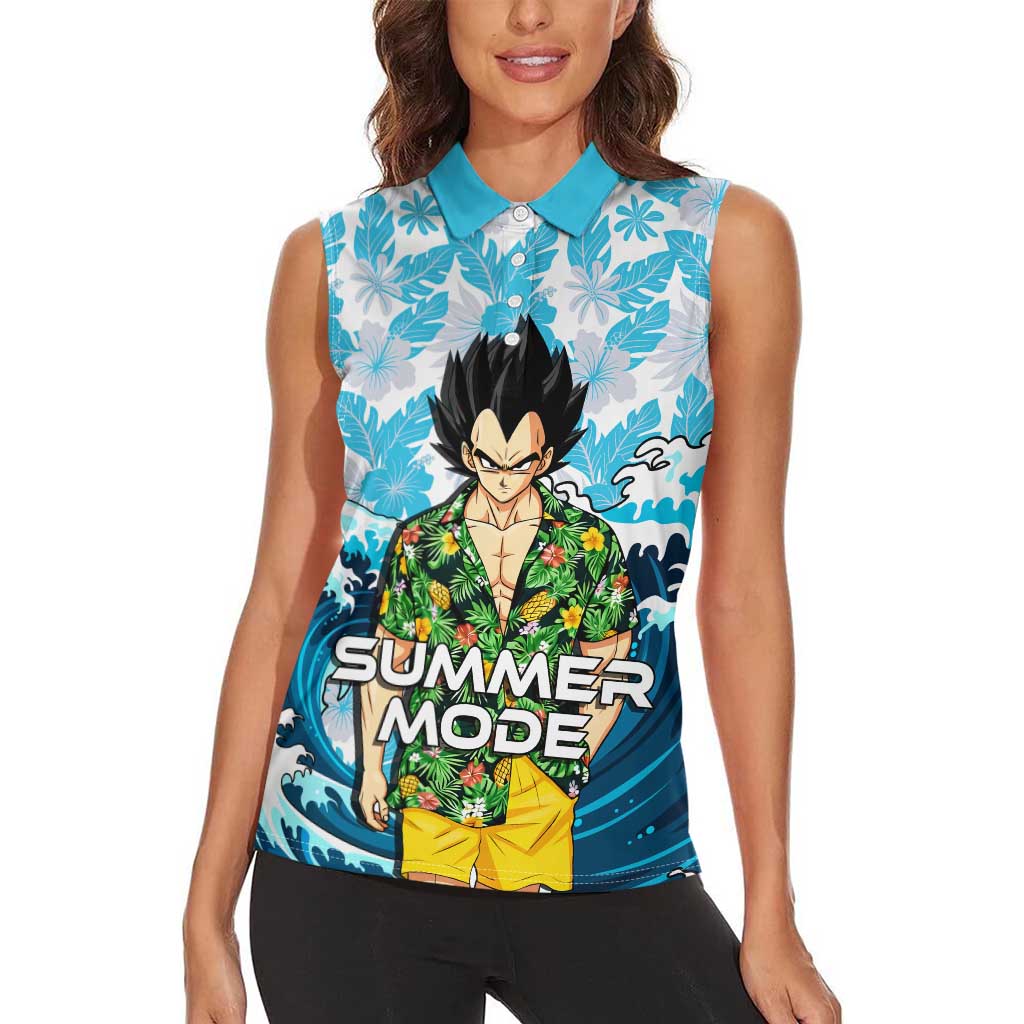 Vegeta Dragon Ball Summer Theme Women Sleeveless Polo Shirt with Hawaiian Shirt Sunglasses Shenron and Ocean Wave Background - The Mazicc