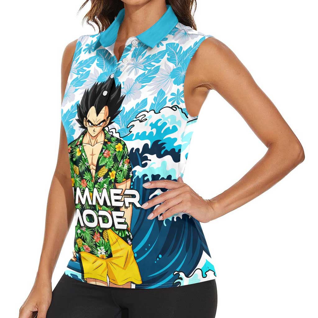Vegeta Dragon Ball Summer Theme Women Sleeveless Polo Shirt with Hawaiian Shirt Sunglasses Shenron and Ocean Wave Background - The Mazicc