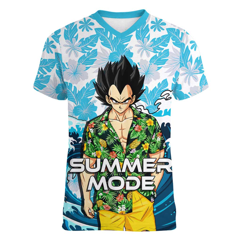 Vegeta Dragon Ball Summer Theme Women V-Neck T-Shirt with Hawaiian Shirt Sunglasses Shenron and Ocean Wave Background - The Mazicc
