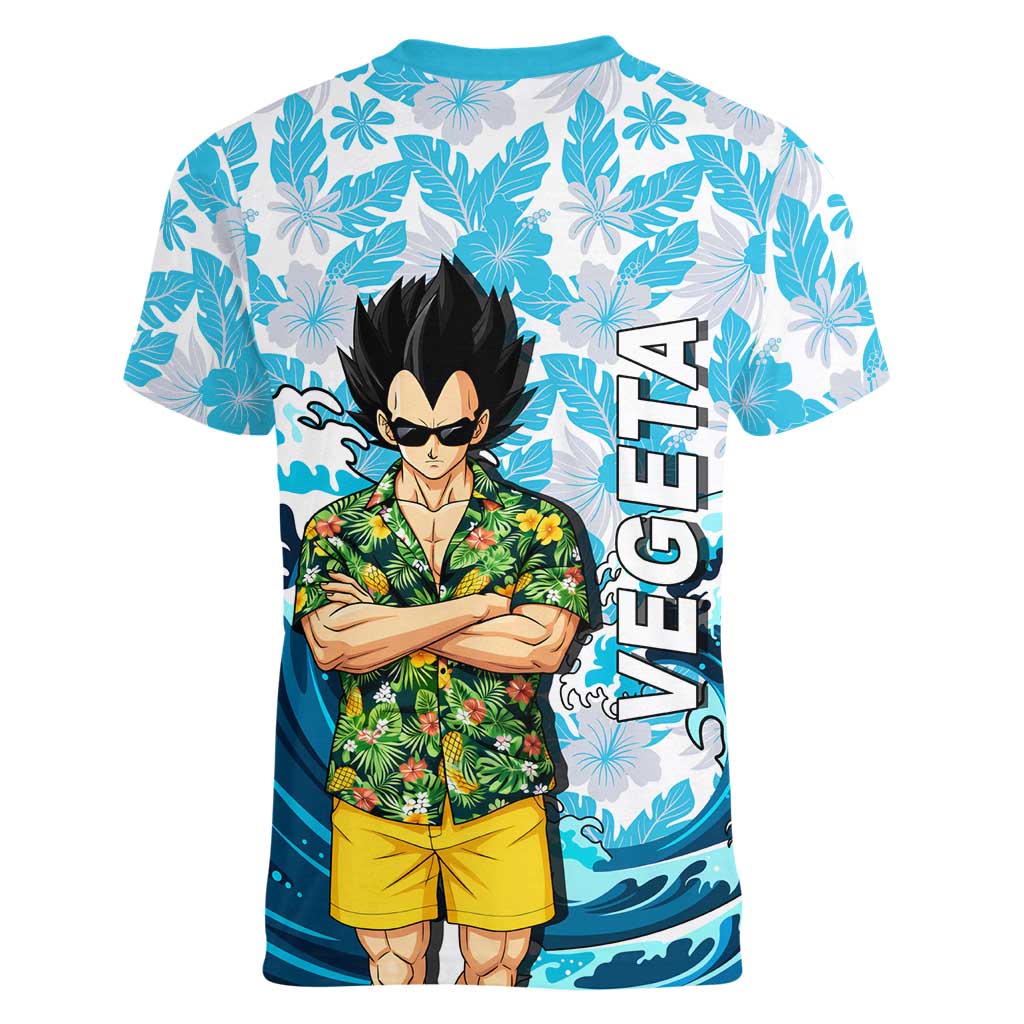 Vegeta Dragon Ball Summer Theme Women V-Neck T-Shirt with Hawaiian Shirt Sunglasses Shenron and Ocean Wave Background - The Mazicc