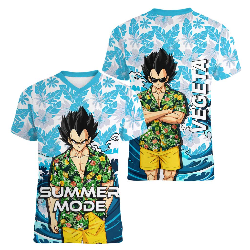 Vegeta Dragon Ball Summer Theme Women V-Neck T-Shirt with Hawaiian Shirt Sunglasses Shenron and Ocean Wave Background - The Mazicc
