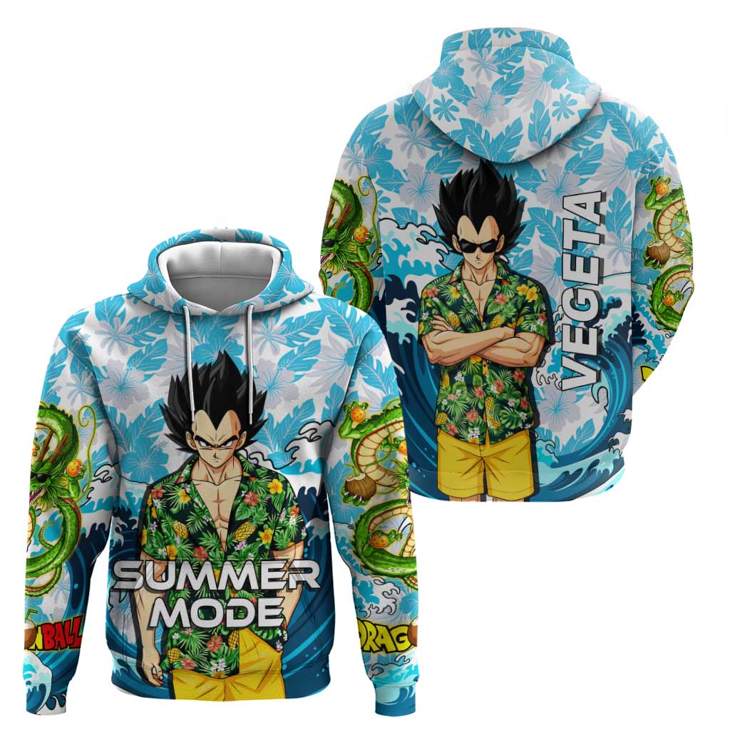 Vegeta Dragon Ball Summer Theme Zip Hoodie with Hawaiian Shirt Sunglasses Shenron and Ocean Wave Background - The Mazicc