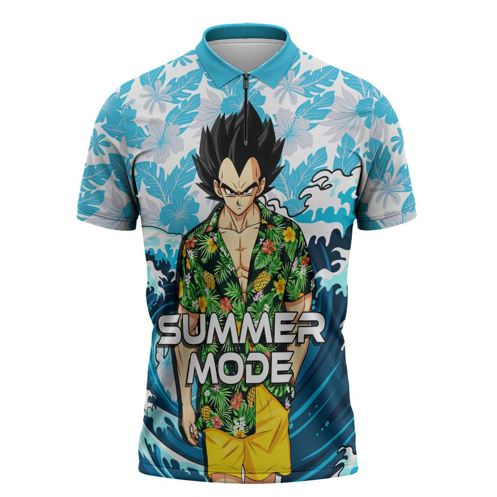Vegeta Dragon Ball Summer Theme Zipper Polo Shirt with Hawaiian Shirt Sunglasses Shenron and Ocean Wave Background - The Mazicc