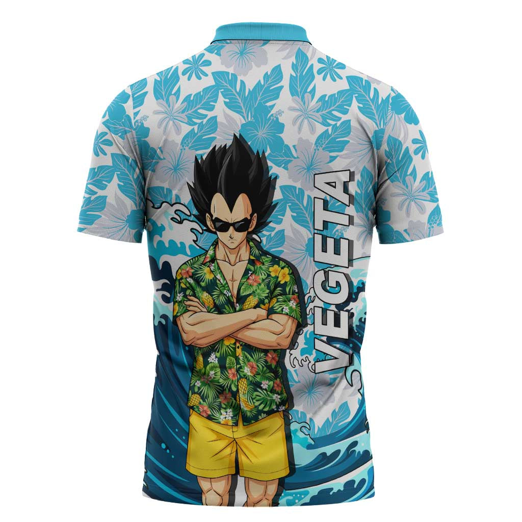 Vegeta Dragon Ball Summer Theme Zipper Polo Shirt with Hawaiian Shirt Sunglasses Shenron and Ocean Wave Background - The Mazicc