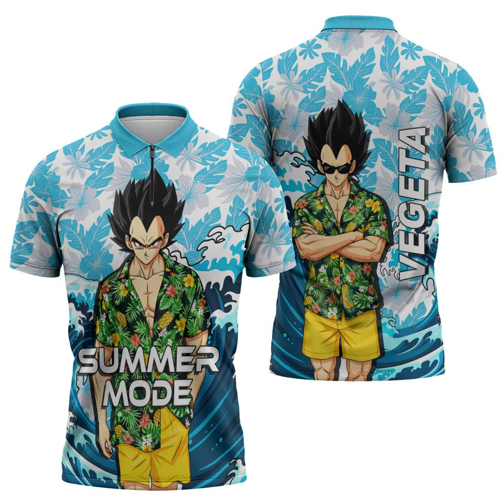 Vegeta Dragon Ball Summer Theme Zipper Polo Shirt with Hawaiian Shirt Sunglasses Shenron and Ocean Wave Background - The Mazicc