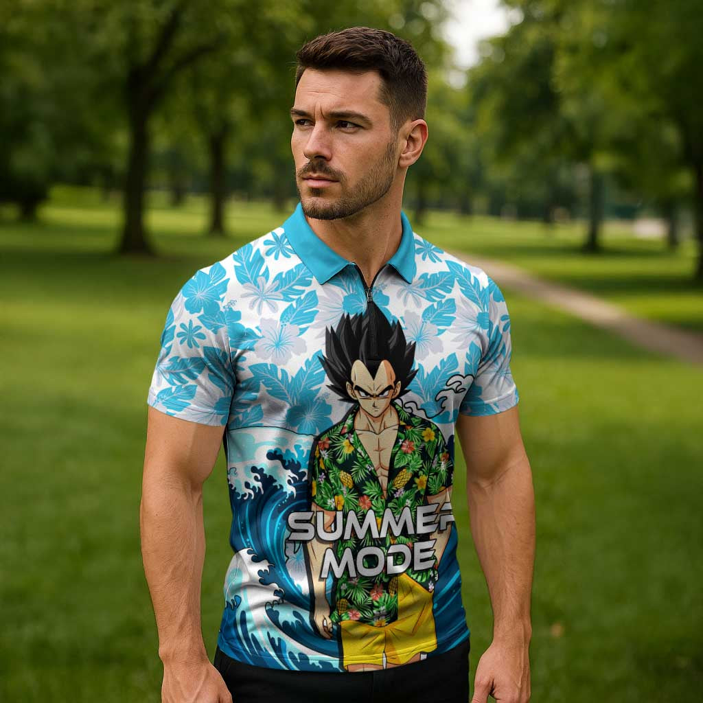 Vegeta Dragon Ball Summer Theme Zipper Polo Shirt with Hawaiian Shirt Sunglasses Shenron and Ocean Wave Background - The Mazicc
