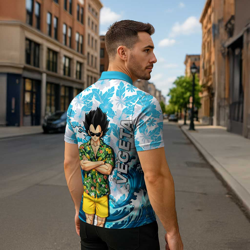 Vegeta Dragon Ball Summer Theme Zipper Polo Shirt with Hawaiian Shirt Sunglasses Shenron and Ocean Wave Background - The Mazicc