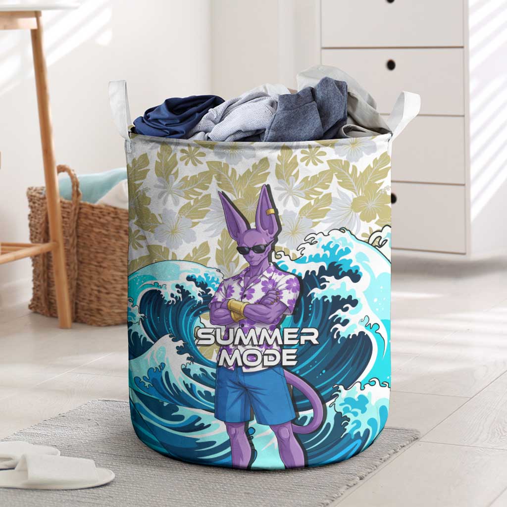 Beerus Dragon Ball Summer Theme Laundry Basket with Floral Shirt Sunglasses Shenron and Ocean Wave Background - The Mazicc
