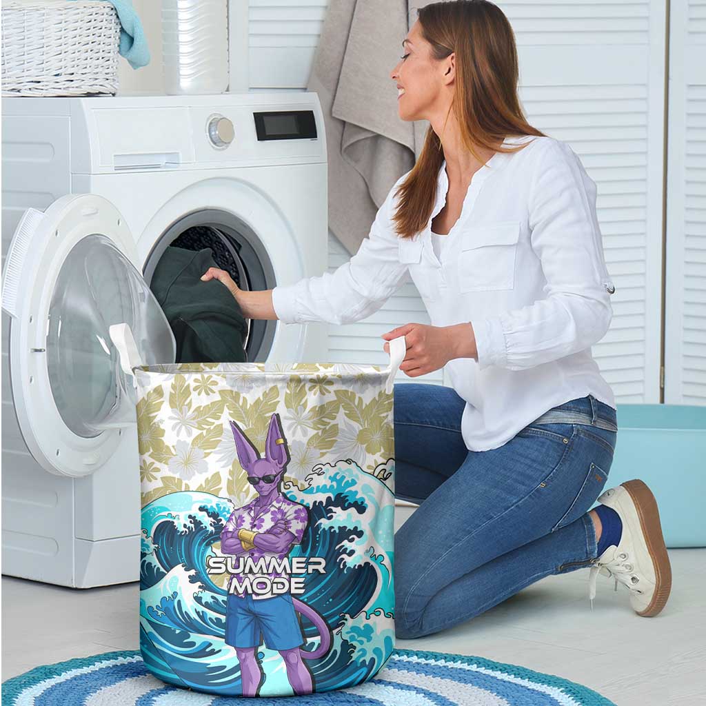 Beerus Dragon Ball Summer Theme Laundry Basket with Floral Shirt Sunglasses Shenron and Ocean Wave Background - The Mazicc
