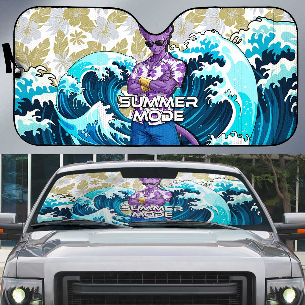 Beerus Dragon Ball Summer Theme Auto Sun Shade with Floral Shirt Sunglasses Shenron and Ocean Wave Background - The Mazicc