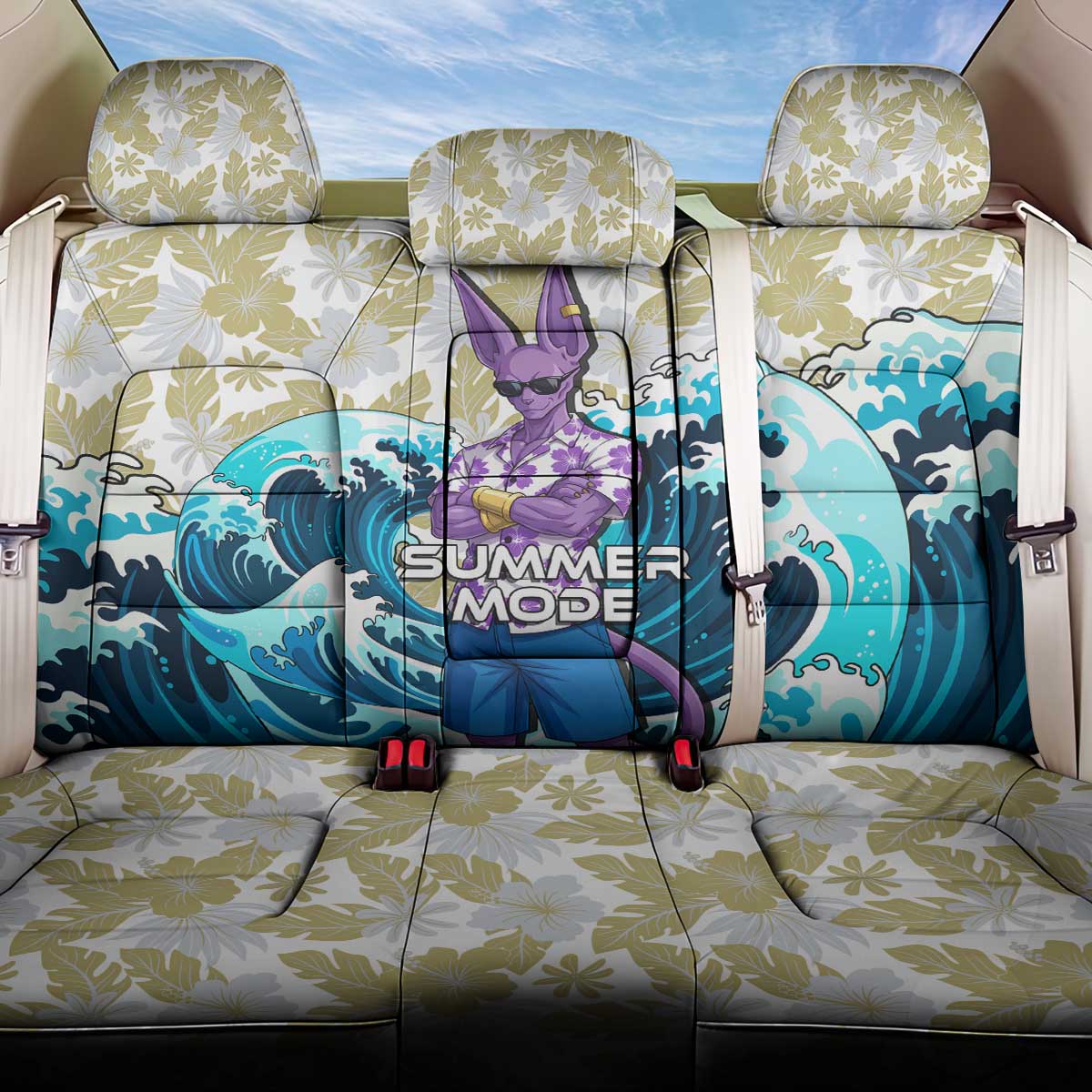 Beerus Dragon Ball Summer Theme Back Car Seat Cover with Floral Shirt Sunglasses Shenron and Ocean Wave Background - The Mazicc