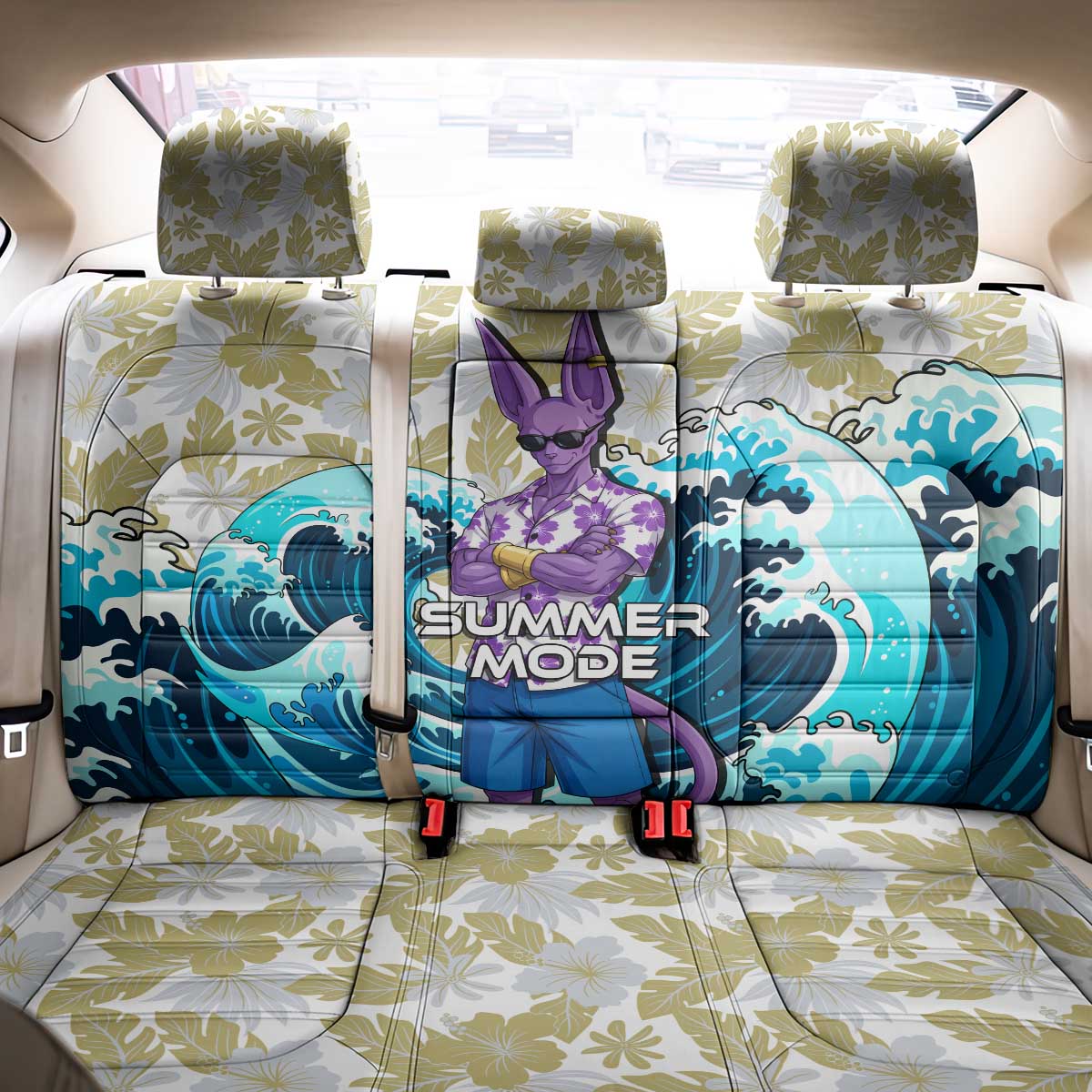 Beerus Dragon Ball Summer Theme Back Car Seat Cover with Floral Shirt Sunglasses Shenron and Ocean Wave Background - The Mazicc