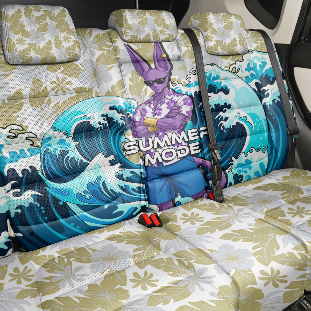 Beerus Dragon Ball Summer Theme Back Car Seat Cover with Floral Shirt Sunglasses Shenron and Ocean Wave Background - The Mazicc
