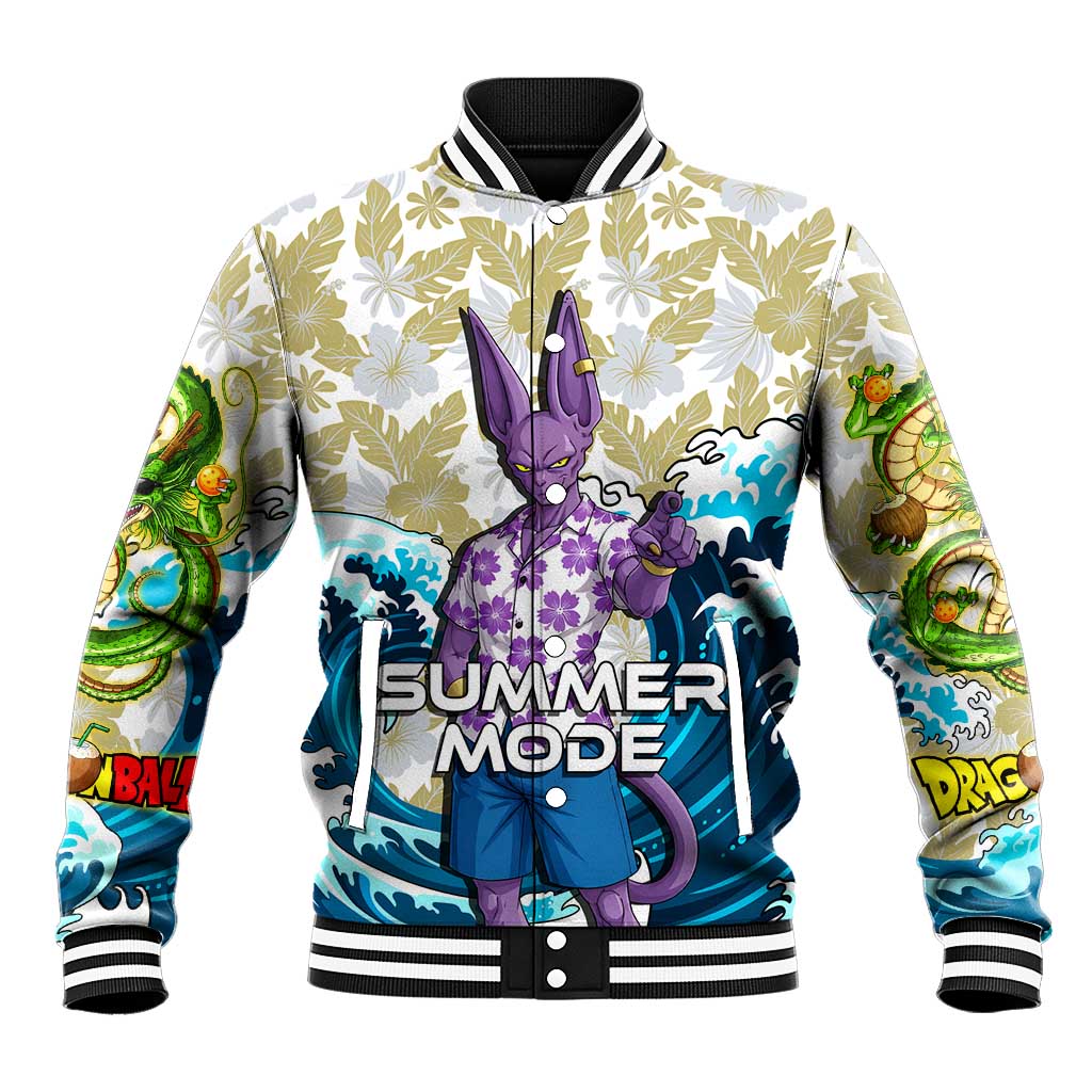 Beerus Dragon Ball Summer Theme Baseball Jacket with Floral Shirt Sunglasses Shenron and Ocean Wave Background - The Mazicc