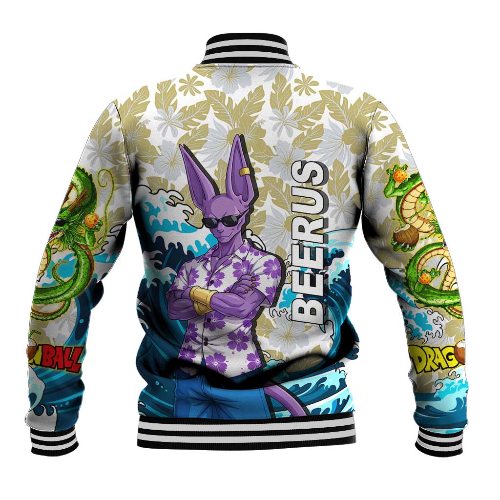 Beerus Dragon Ball Summer Theme Baseball Jacket with Floral Shirt Sunglasses Shenron and Ocean Wave Background - The Mazicc