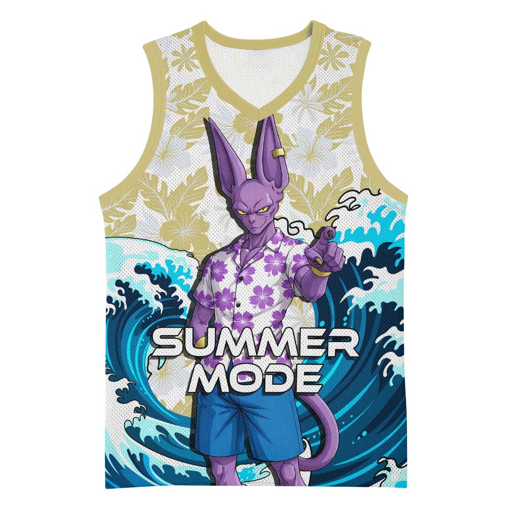 Beerus Dragon Ball Summer Theme Basketball Jersey with Floral Shirt Sunglasses Shenron and Ocean Wave Background - The Mazicc