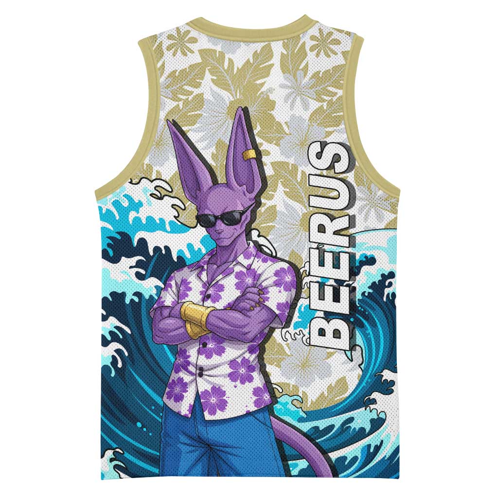 Beerus Dragon Ball Summer Theme Basketball Jersey with Floral Shirt Sunglasses Shenron and Ocean Wave Background - The Mazicc