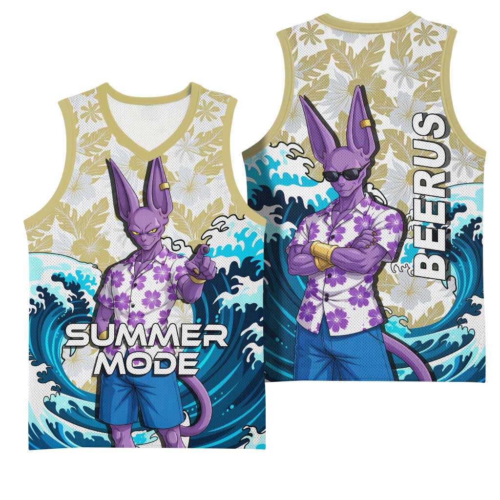 Beerus Dragon Ball Summer Theme Basketball Jersey with Floral Shirt Sunglasses Shenron and Ocean Wave Background - The Mazicc
